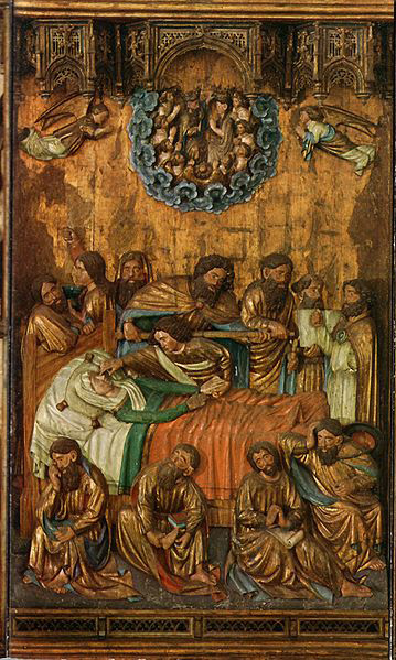 Central panel of inner wings in Barbara-altar, depicting death of Virgin Mary. Oak wood relief painted with thick layer of oil paint in 17th century c